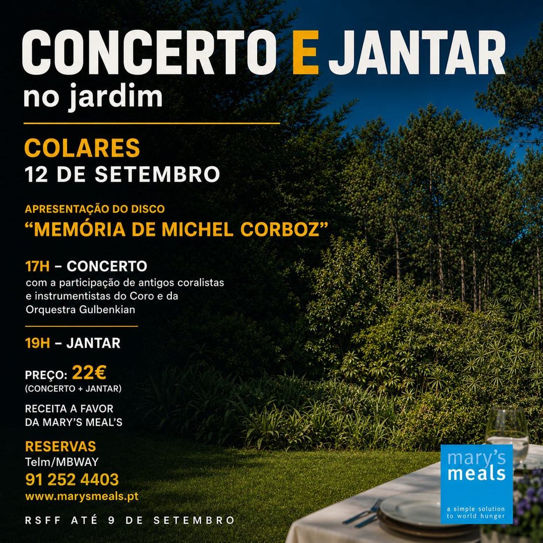 CONCERTO E JANTAR NO JARDIM- DIA 12 DE SETEMBRO DE 2026